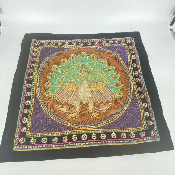 Vintage Hand Embroidered and Sequined Peacock Pillow Cover 21" - Picture 1 of 4